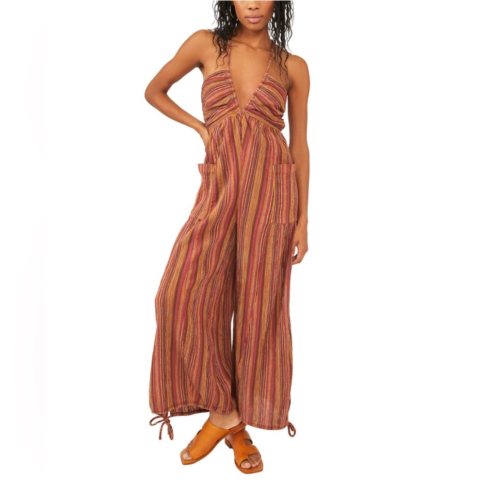 Free People Striped Halter Jumpsuit in Rust Multi - Picture 4 of 10